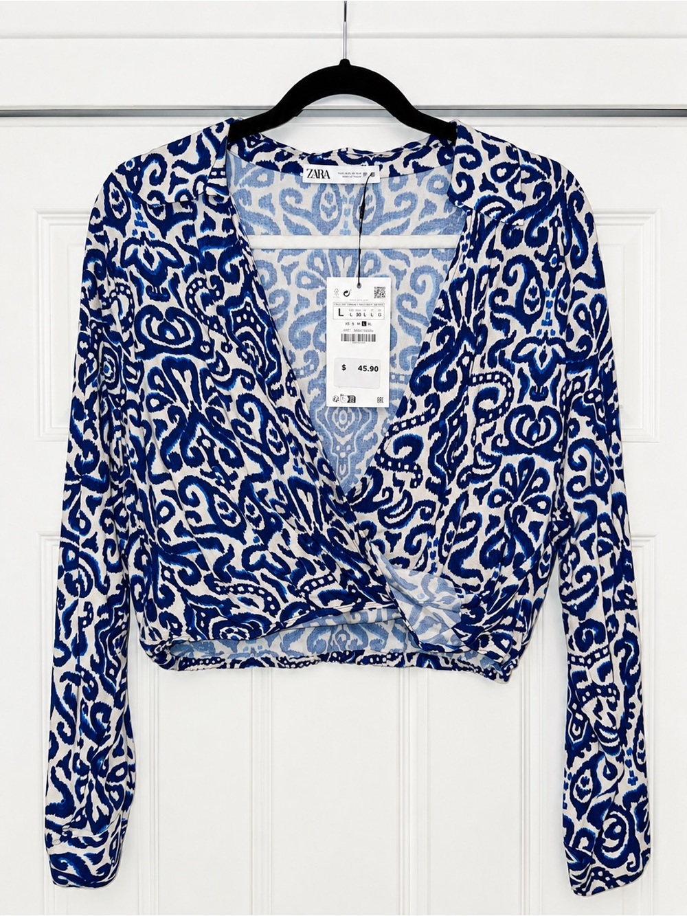 Zara Blue & White Printed Wrap Crop Top